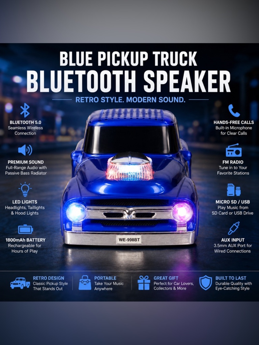 Blue Pickup Truck Bluetooth Speaker with LED Lights